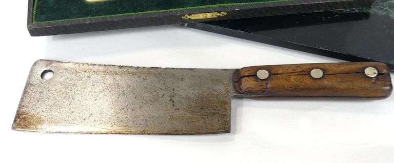 CARVING SET, ANTIQUE BUTCHER'S CLEAVER & TRAY