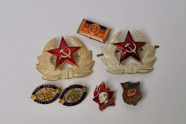 SOVIET HAT BADGES, ETC.