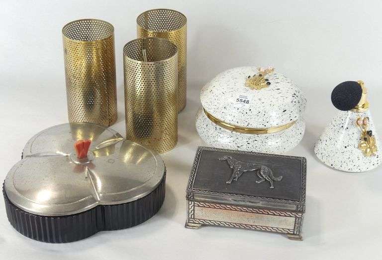 ART GLASS PERFUME SET, SHADES, ETC.