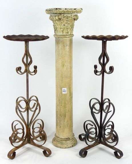 PAIR WROUGHT IRON PLANT STANDS & COLUMN