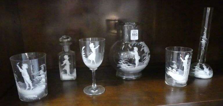SIX PIECES OF CLEAR MARY GREGORY GLASS
