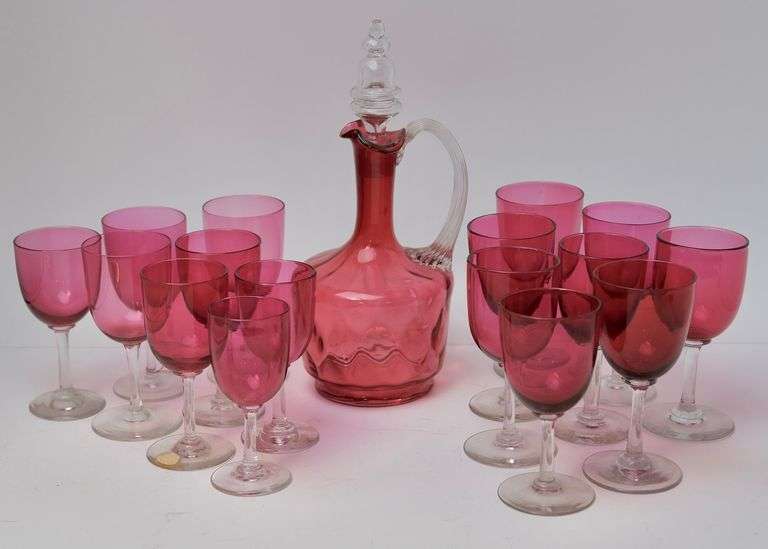 CRANBERRY DECANTER AND GLASSES
