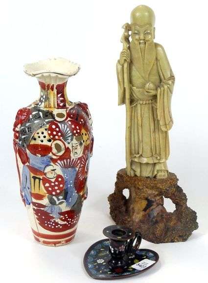 ASIAN CARVING, VASE & CHAMBERSTICK