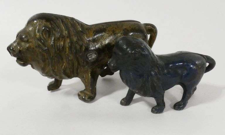 5 CAST IRON "LION" BANKS