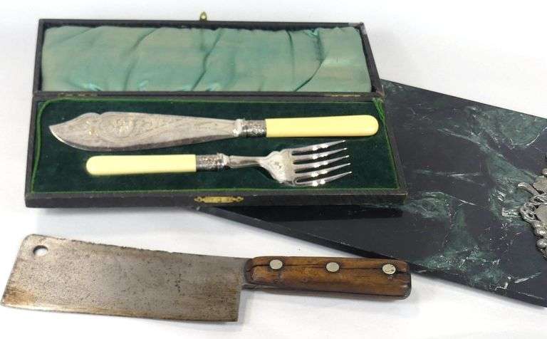 CARVING SET, ANTIQUE BUTCHER'S CLEAVER & TRAY