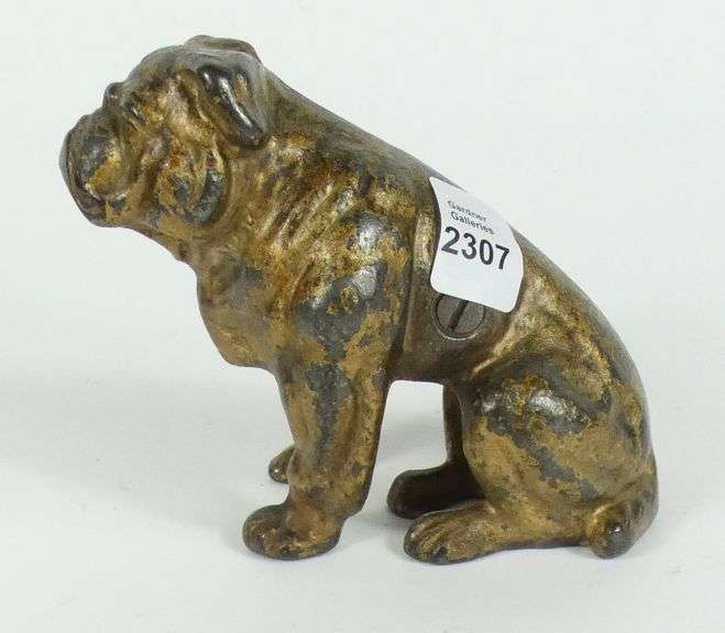 CAST IRON SEATED BULLDOG BANK