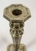 SILVER BOWL, CANDLESTICKS AND CRUMB SCOOP