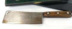 CARVING SET, ANTIQUE BUTCHER'S CLEAVER & TRAY