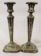 SILVER BOWL, CANDLESTICKS AND CRUMB SCOOP