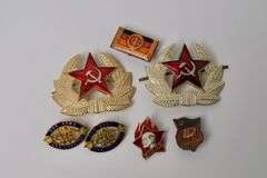 SOVIET HAT BADGES, ETC.