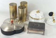 ART GLASS PERFUME SET, SHADES, ETC.