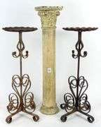 PAIR WROUGHT IRON PLANT STANDS & COLUMN