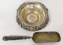 SILVER BOWL, CANDLESTICKS AND CRUMB SCOOP