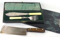 CARVING SET, ANTIQUE BUTCHER'S CLEAVER & TRAY