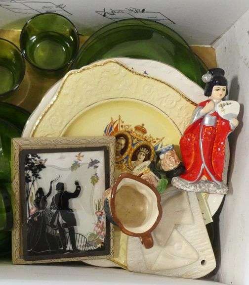 BOX LOT OF GLASS, FIGURINES, ETC.