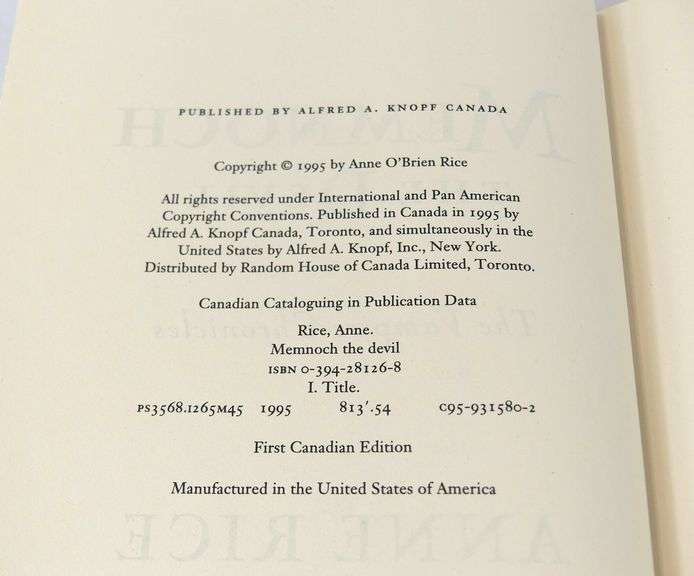 ANNE RICE SIGNED FIRST CANADIAN EDITION