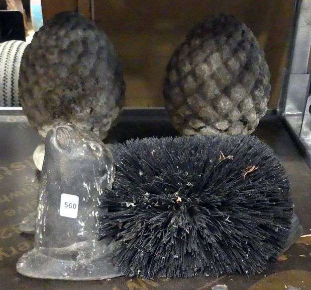 PAIR OF GARDEN ORNAMENTS AND BOOT SCRAPE