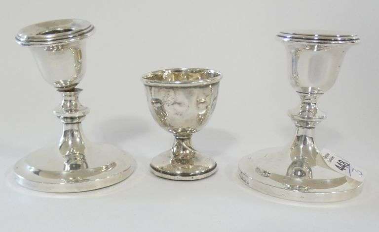 STERLING CANDLEHOLDERS AND EGG CUP