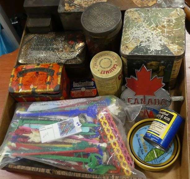 TINS, HOOD ORNAMENT AND SWIZZLE STICKS