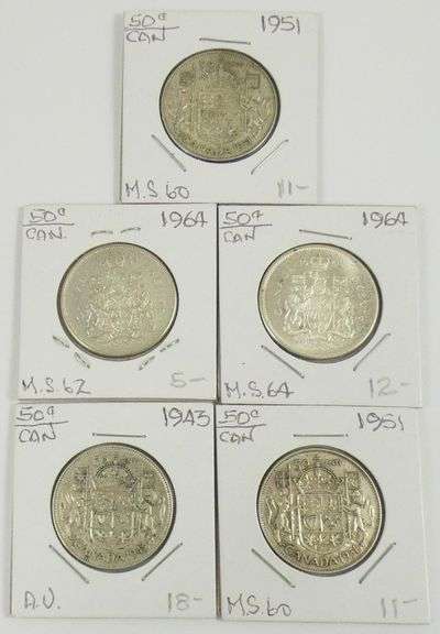 10 CANADIAN SILVER 50-CENT COINS