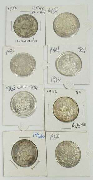 8 CANADIAN SILVER 50-CENT COINS