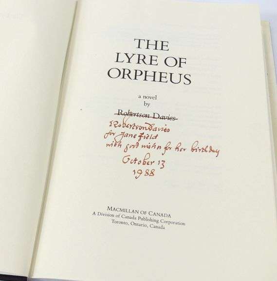 ROBERTSON DAVIES SIGNED NOVEL "THE LYRE OF ORPHEUS"