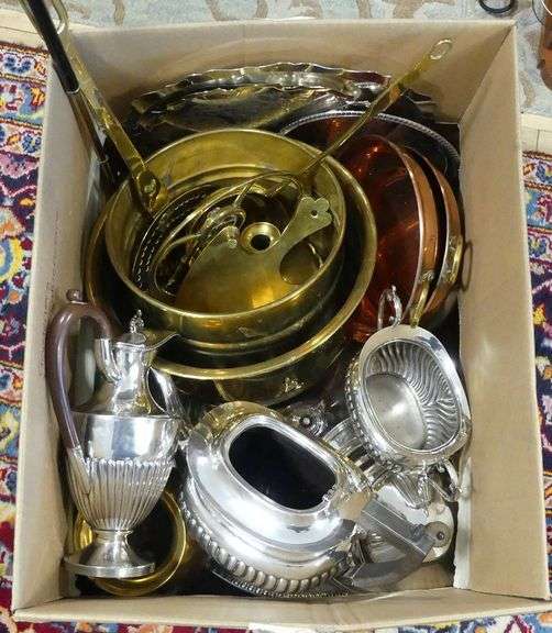 BOX LOT OF SILVER PLATE, BRASS AND COPPER