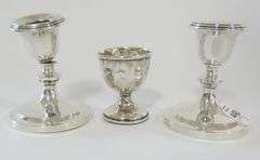STERLING CANDLEHOLDERS AND EGG CUP