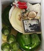 BOX LOT OF GLASS, FIGURINES, ETC.