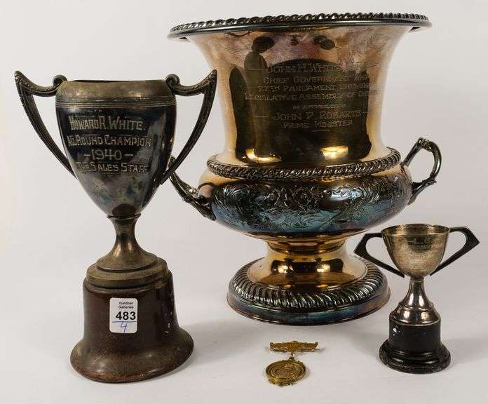 THREE SILVER PLATE TROPHIES & MEDAL