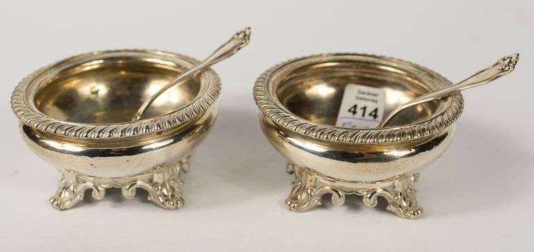 PAIR OF EARLY VICTORIAN STERLING OPEN SALTS WITH SPOONS