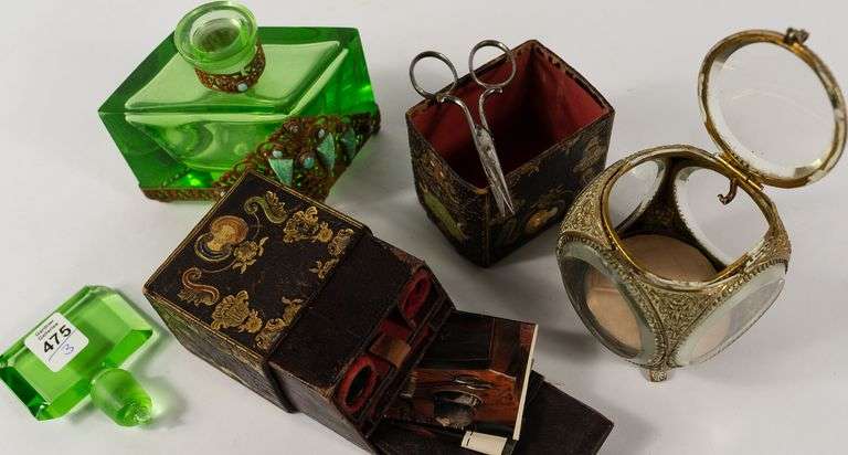 SCENT BOTTLE, JEWEL BOX & SEWING KIT
