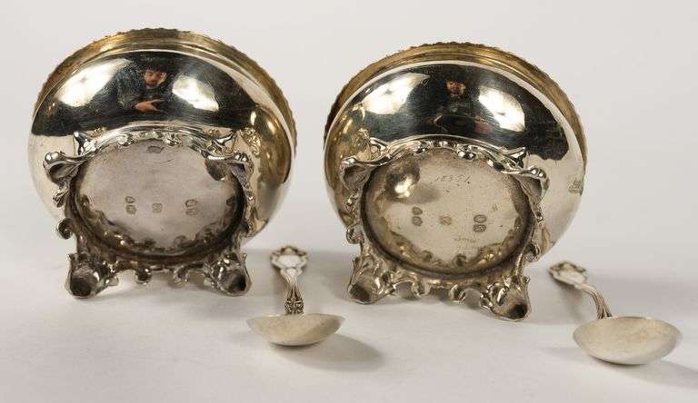 PAIR OF EARLY VICTORIAN STERLING OPEN SALTS WITH SPOONS