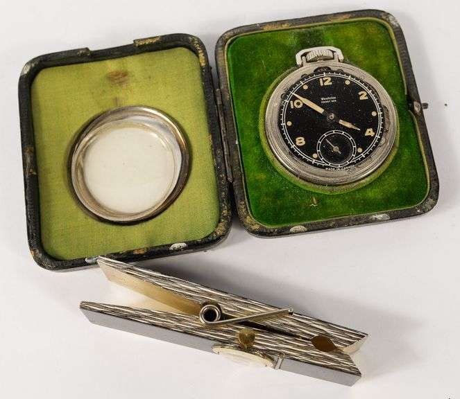POCKET WATCH IN STERLING FRAME AND "CLOTHES PIN" CLOCK
