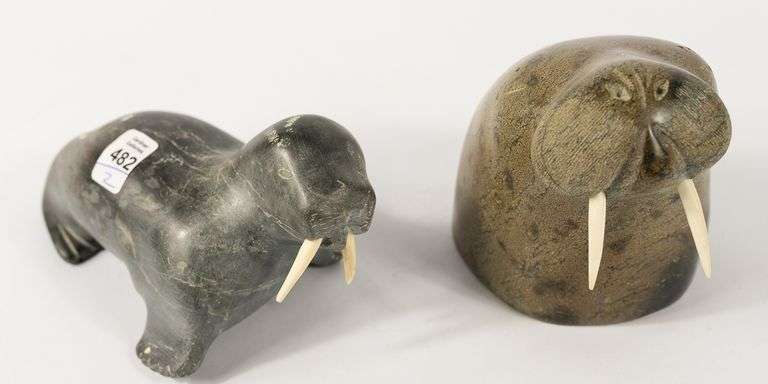 TWO INUIT SOAPSTONE "WALRUS" CARVINGS