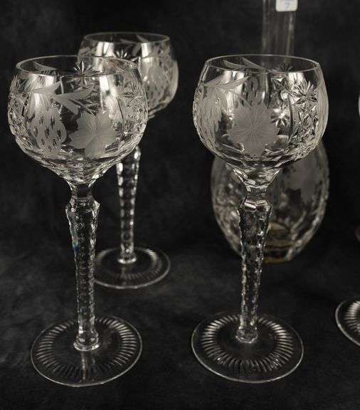 ETCHED CRYSTAL DECANTER & HOCK GLASSES