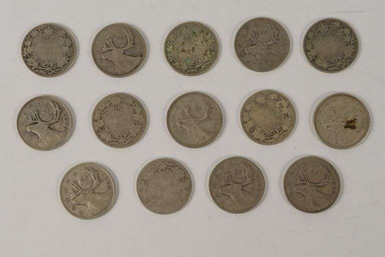 14 CANADIAN SILVER QUARTERS, ETC.