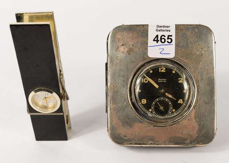 POCKET WATCH IN STERLING FRAME AND "CLOTHES PIN" CLOCK