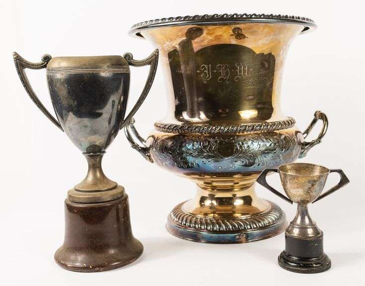 THREE SILVER PLATE TROPHIES & MEDAL