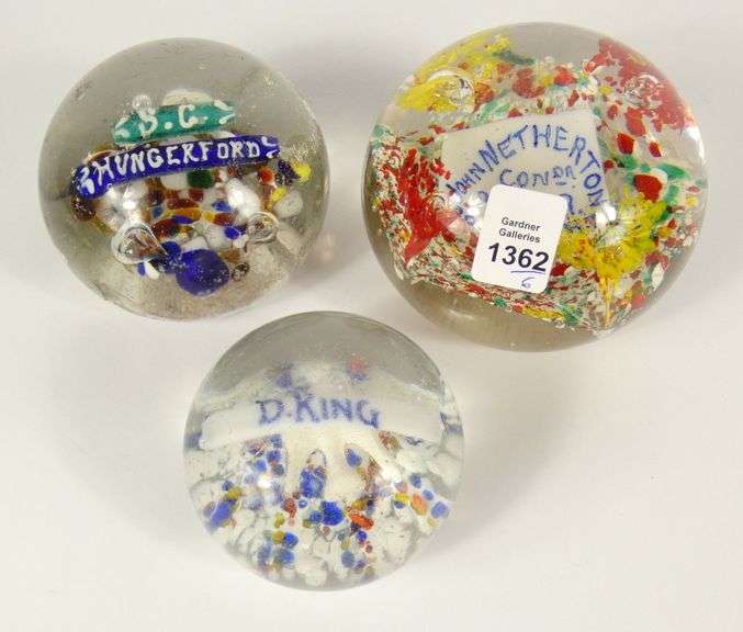 6 ANTIQUE NAME PAPERWEIGHTS
