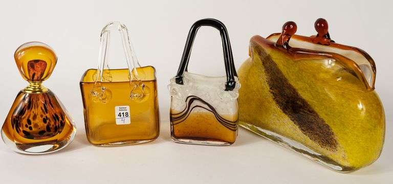 THREE ART GLASS "PURSE" VASES & SCENT BOTTLE