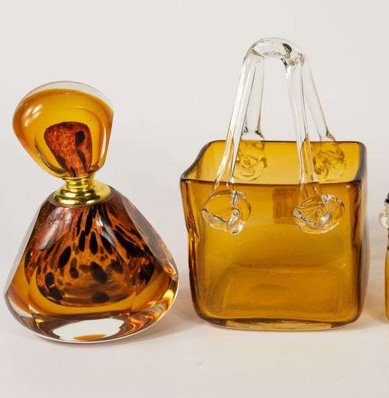 THREE ART GLASS "PURSE" VASES & SCENT BOTTLE
