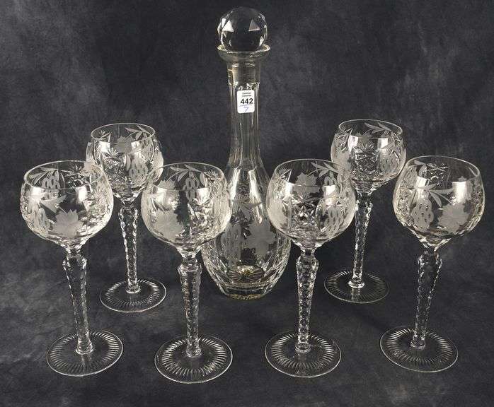 ETCHED CRYSTAL DECANTER & HOCK GLASSES