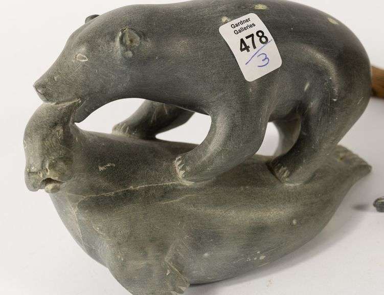 TWO INUIT SOAPSTONE CARVINGS & CEDAR CARVING
