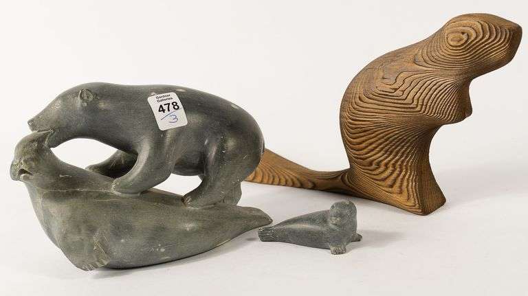 TWO INUIT SOAPSTONE CARVINGS & CEDAR CARVING