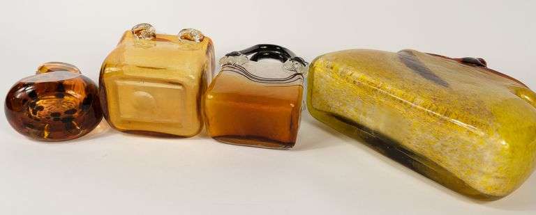 THREE ART GLASS "PURSE" VASES & SCENT BOTTLE