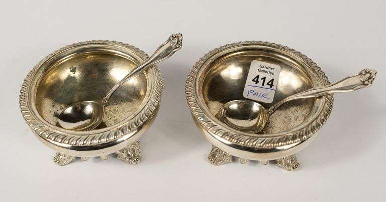 PAIR OF EARLY VICTORIAN STERLING OPEN SALTS WITH SPOONS
