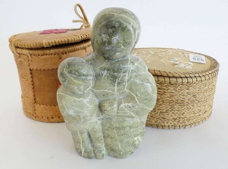 TWO QUILL BOXES AND STONE CARVING