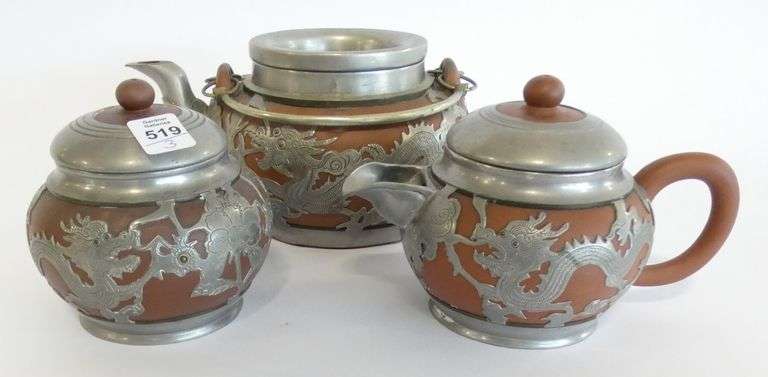 CHINESE TERRACOTTA AND PEWTER TEA SET
