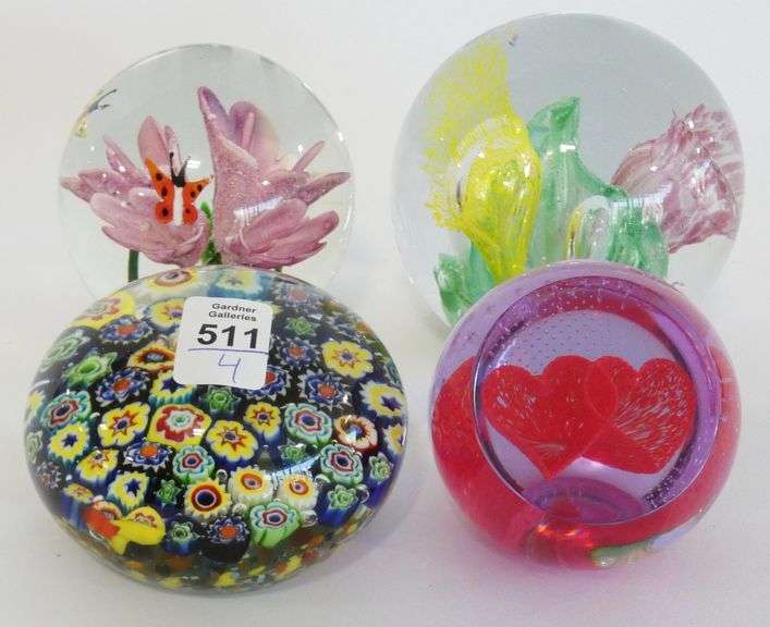 FOUR ART GLASS PAPERWEIGHTS